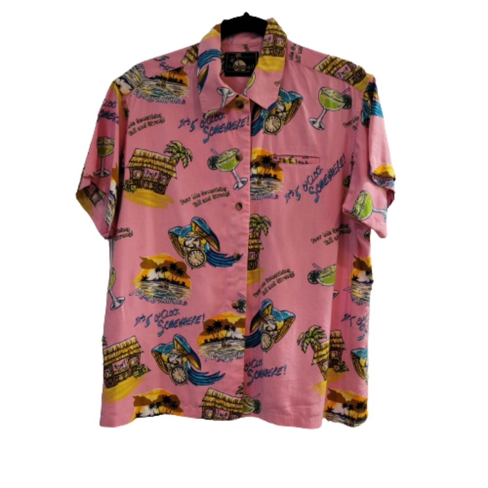 Margaritaville Jimmy Buffet Pink Vtg Hawaiian Button Up Shirt Vacation 5 O'Clock